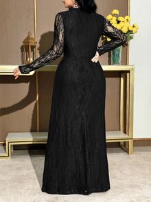 Modelyn Plus Size Elegant Solid Color Lace Dress Fall - Black - View 2
