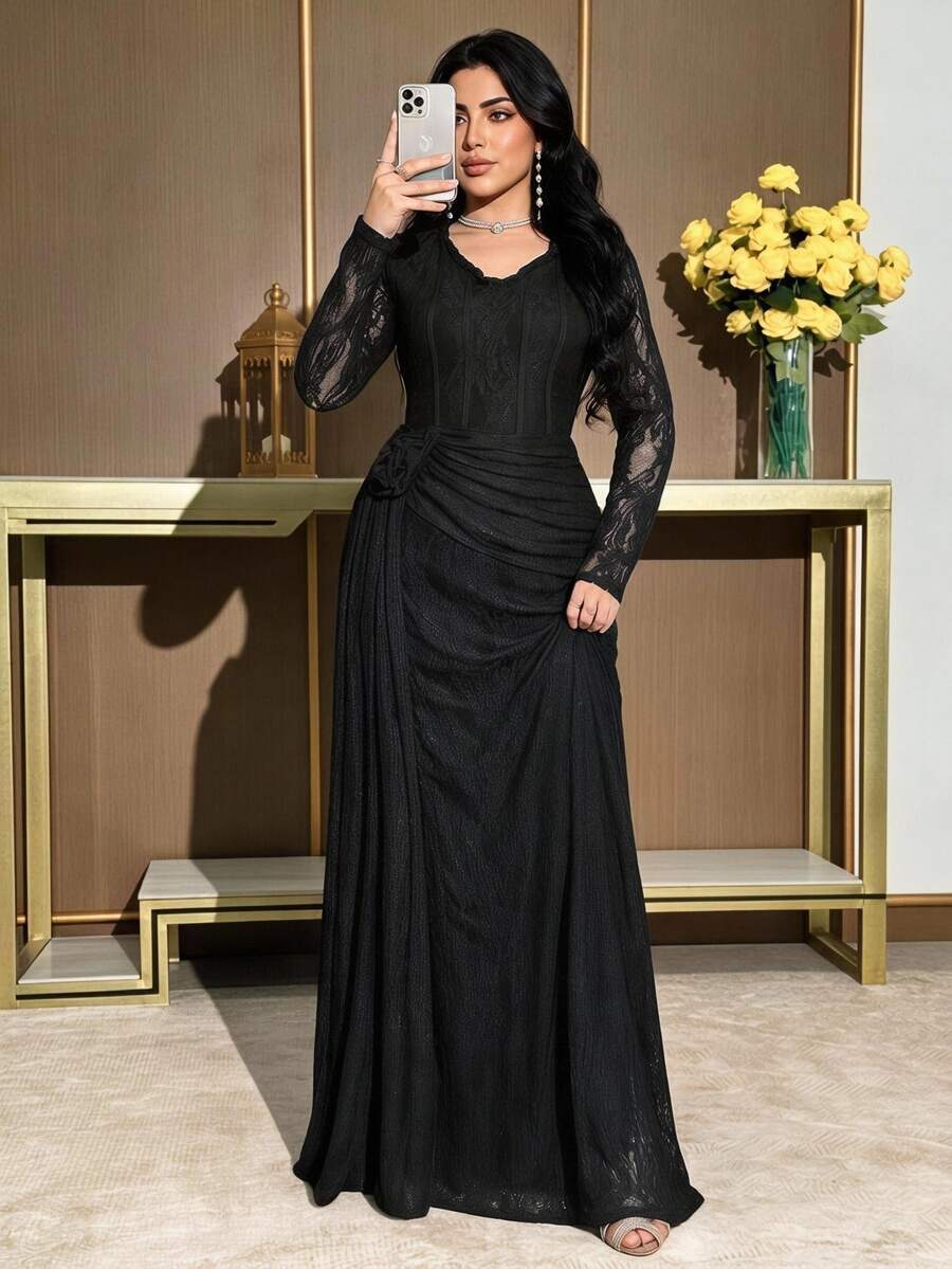 Modelyn Plus Size Elegant Solid Color Lace Dress Fall - Black - View 1