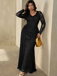 Modelyn Plus Size Elegant Solid Color Lace Dress Fall - Black - View 3