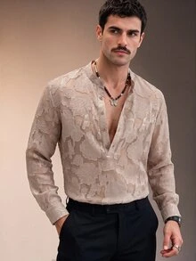 ZURIURI Men's Luxury Minimalist Floral Cut Button Half-Placket Shirt - Apricot - View 4