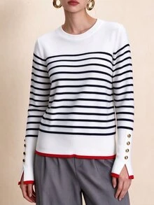 Linhara CURVE Plus Size Casual Colorblock Striped Crew Neck Side Opening Button Long Sleeve Pullover Sweater Winter - Black and White - View 1