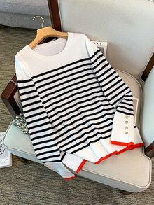 Linhara CURVE Plus Size Casual Colorblock Striped Crew Neck Side Opening Button Long Sleeve Pullover Sweater Winter - Black and White - View 7