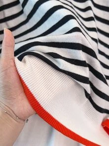 Linhara CURVE Plus Size Casual Colorblock Striped Crew Neck Side Opening Button Long Sleeve Pullover Sweater Winter - Black and White - View 6