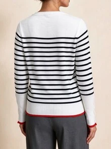 Linhara CURVE Plus Size Casual Colorblock Striped Crew Neck Side Opening Button Long Sleeve Pullover Sweater Winter - Black and White - View 2