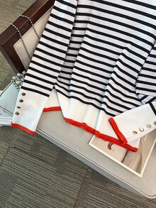 Linhara CURVE Plus Size Casual Colorblock Striped Crew Neck Side Opening Button Long Sleeve Pullover Sweater Winter - Black and White - View 8