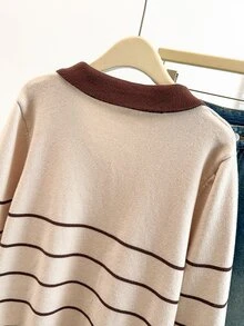 GlowEve CURVE Plus Size Women Colorblock Long Sleeve Cardigan Knit Sweater, Striped Fashion Casual Versatile Suitable For Autumn/Winter Wear Fall - Apricot - View 4