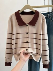GlowEve CURVE Plus Size Women Colorblock Long Sleeve Cardigan Knit Sweater, Striped Fashion Casual Versatile Suitable For Autumn/Winter Wear Fall - Apricot - View 1