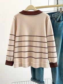 GlowEve CURVE Plus Size Women Colorblock Long Sleeve Cardigan Knit Sweater, Striped Fashion Casual Versatile Suitable For Autumn/Winter Wear Fall - Apricot - View 2