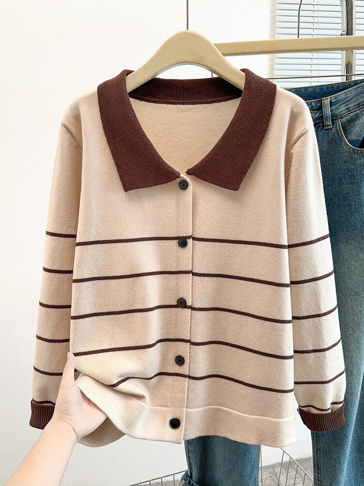 GlowEve CURVE Plus Size Women Colorblock Long Sleeve Cardigan Knit Sweater, Beige Casual Elegant Autumn/Winter Wear Fall Vacation Formal Homewear - Apricot - View 11