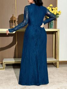 Modelyn Plus Size Elegant Party Formal Formal Wedding Solid Color Lace 3D Floral Decor Dress Navy Blue Autumn Fall - Black - View 3