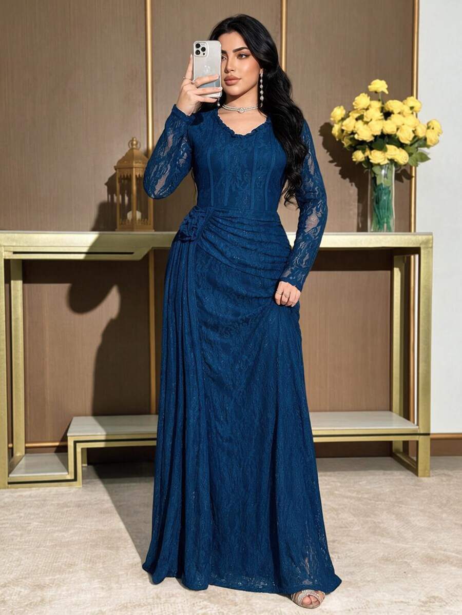 Modelyn Plus Size Elegant Party Formal Formal Wedding Solid Color Lace 3D Floral Decor Dress Navy Blue Autumn Fall