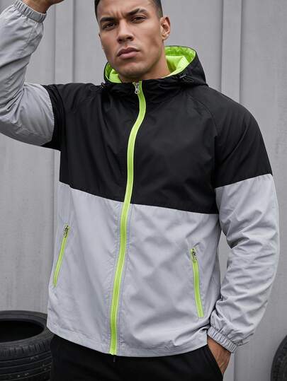 Sport MetroGents Chaqueta deportiva con capucha de manga larga y cremallera con cuello en contraste de color para hombres