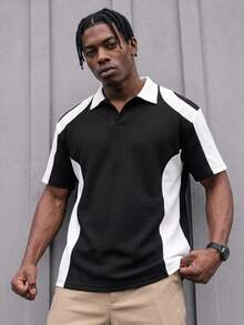 Sport MetroGents Two-Tone Black White Wave Color Block Polo Tee For Men, Full Waffle Textured Breathable Fabric, Notched V Collar Relaxed Fit, Versatile Business Casua - Multicolor - View 1