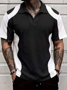 Sport MetroGents Two-Tone Black White Wave Color Block Polo Tee For Men, Full Waffle Textured Breathable Fabric, Notched V Collar Relaxed Fit, Versatile Business Casua - Multicolor - View 2