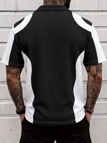 Sport MetroGents Two-Tone Black White Wave Color Block Polo Tee For Men, Full Waffle Textured Breathable Fabric, Notched V Collar Relaxed Fit, Versatile Business Casua - Multicolor - View 3