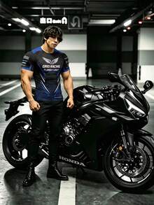 Sport MetroGents 男士字母印花條紋拼接圓領短袖運動T恤，健身房穿搭 - 彩色 - 查看 4