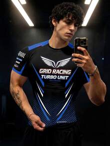 Sport MetroGents 男士字母印花條紋拼接圓領短袖運動T恤，健身房穿搭 - 彩色 - 查看 3