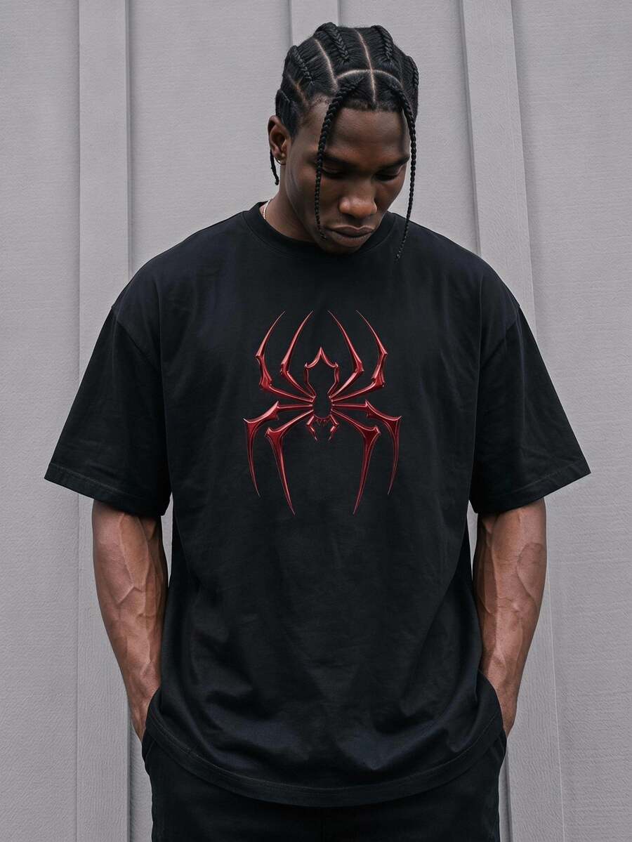 Sport MetroGents Men's Plus Size Spider Graphic Print Crew Neck Short Sleeve Sports T-Shirt,Halloween - Black - View 1