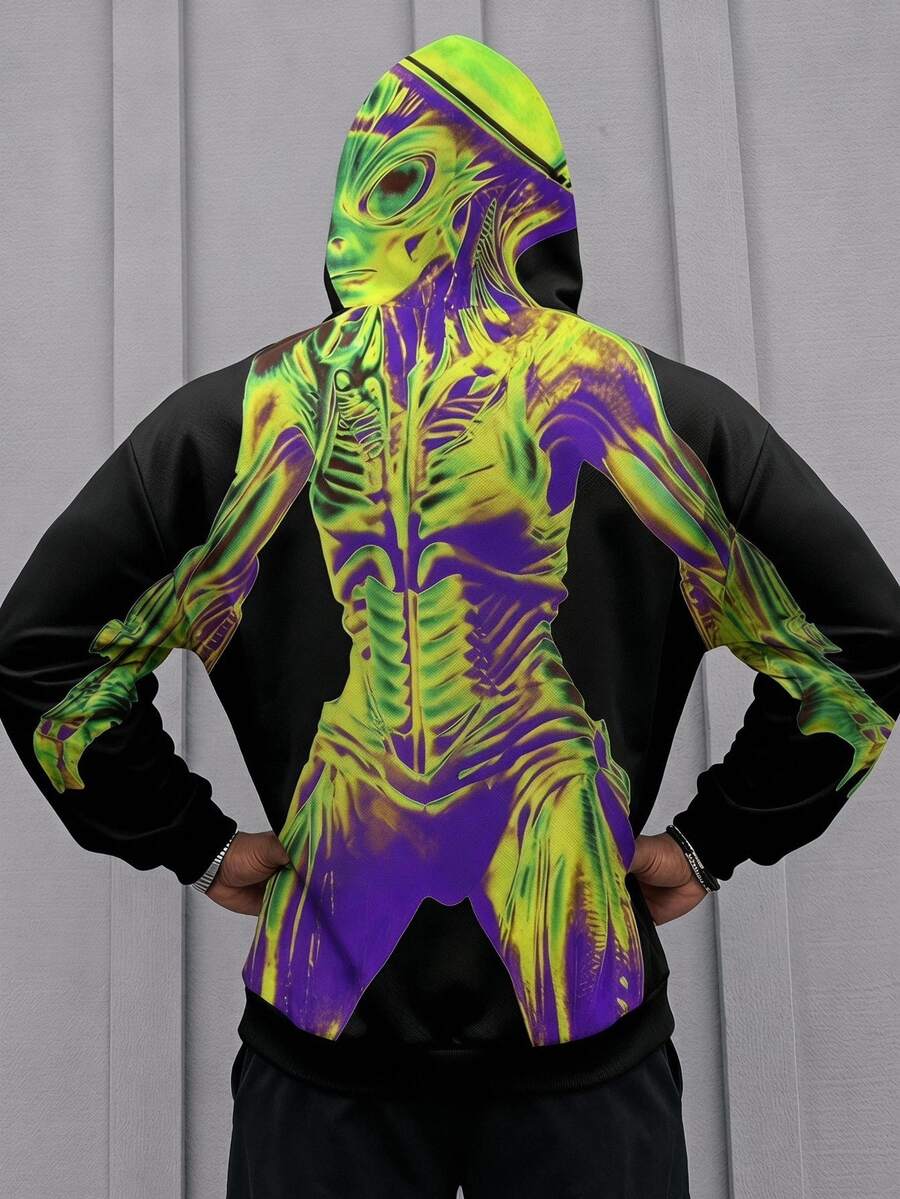 Gym Rark Indie Techwear Heat Vision Alien ET Skeleton Print Men Hooded Sweatshirt, Black Base Fluorescent Green Purple Gradient Alien Body Graphic Oversize Top, Gym - Multicolor - View 1