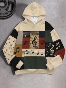 Gym Rark Retro Nostalgic Patchwork Graphic Sweatshirt For Men, Distressed Color Block Panels, Classic Staff Music Note Floral Print Soft Vertical Rib Text Top, Gym - Multicolor - View 6