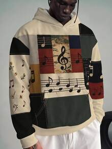 Gym Rark Retro Nostalgic Patchwork Graphic Sweatshirt For Men, Distressed Color Block Panels, Classic Staff Music Note Floral Print Soft Vertical Rib Text Top, Gym - Multicolor - View 1
