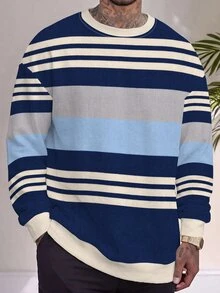 Sport MetroGents Retro Multi-Tone Horizontal Stripe Men Pullover Sweatshirt, Waffle Knit Textured Navy Blue Light Blue Grey Cream Contrast Stripes, Loose Drop Shoulder - Multicolor - View 4