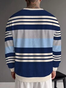 Sport MetroGents Retro Multi-Tone Horizontal Stripe Men Pullover Sweatshirt, Waffle Knit Textured Navy Blue Light Blue Grey Cream Contrast Stripes, Loose Drop Shoulder - Multicolor - View 2