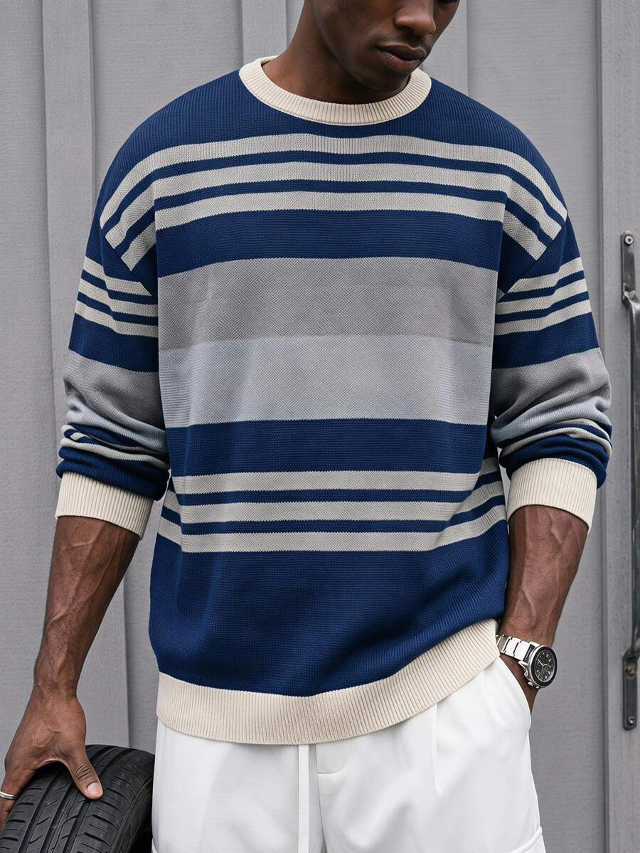 Sport MetroGents Retro Multi-Tone Horizontal Stripe Men Pullover Sweatshirt, Waffle Knit Textured Navy Blue Light Blue Grey Cream Contrast Stripes, Loose Drop Shoulder - Multicolor - View 1