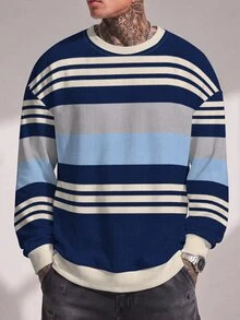 Sport MetroGents Retro Multi-Tone Horizontal Stripe Men Pullover Sweatshirt, Waffle Knit Textured Navy Blue Light Blue Grey Cream Contrast Stripes, Loose Drop Shoulder - Multicolor - View 3