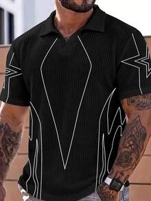 Sport MetroGents Soft Breathable Waffle Knit Men Lapel Polo, Minimalist White Flame Star Outline Pattern, Loose V Neck Dark Streetwear Casual Commuter Summer T-Shirt - Multicolor - View 3
