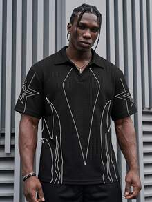 Sport MetroGents Soft Breathable Waffle Knit Men Lapel Polo, Minimalist White Flame Star Outline Pattern, Loose V Neck Dark Streetwear Casual Commuter Summer T-Shirt - Multicolor - View 1