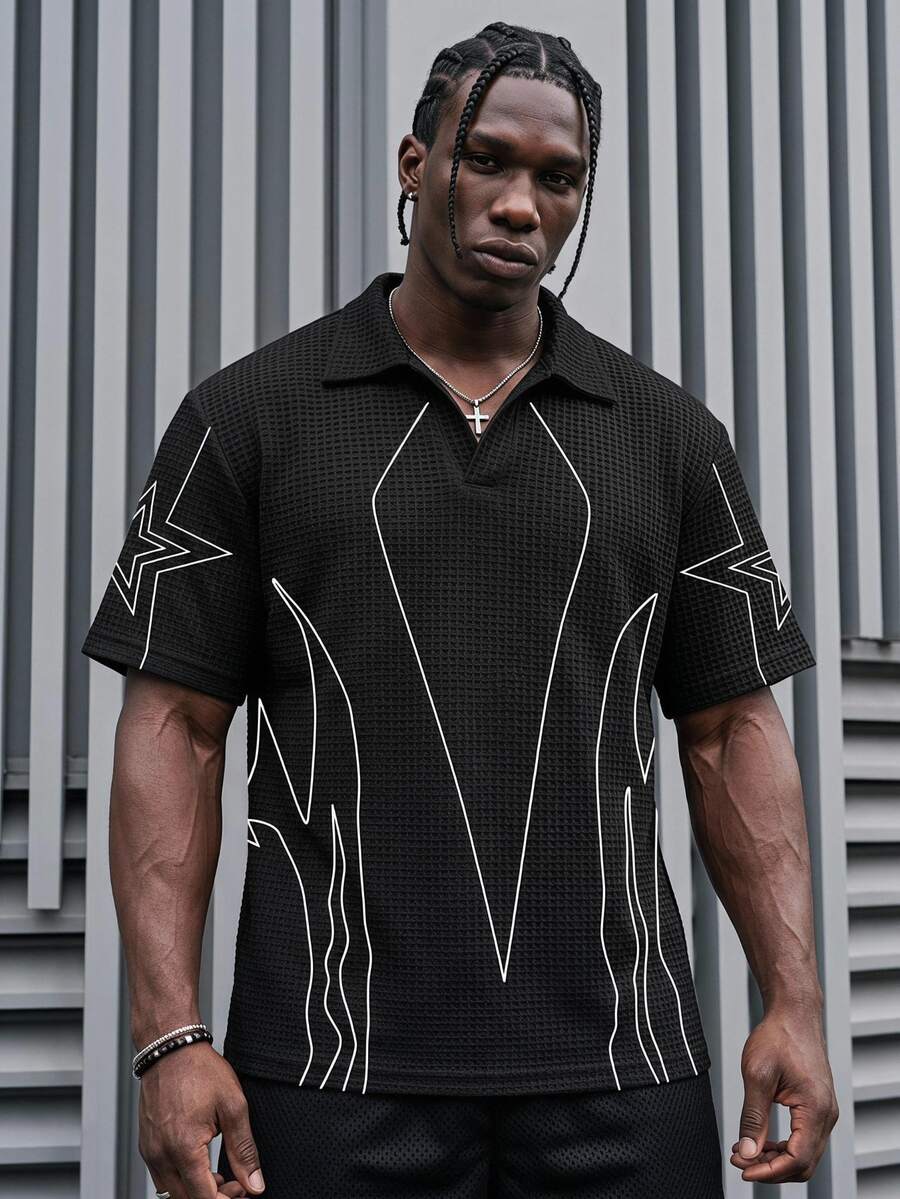 Sport MetroGents Soft Breathable Waffle Knit Men Lapel Polo, Minimalist White Flame Star Outline Pattern, Loose V Neck Dark Streetwear Casual Commuter Summer T-Shirt - Multicolor - View 1