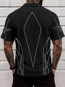 Sport MetroGents Soft Breathable Waffle Knit Men Lapel Polo, Minimalist White Flame Star Outline Pattern, Loose V Neck Dark Streetwear Casual Commuter Summer T-Shirt - Multicolor - View 2