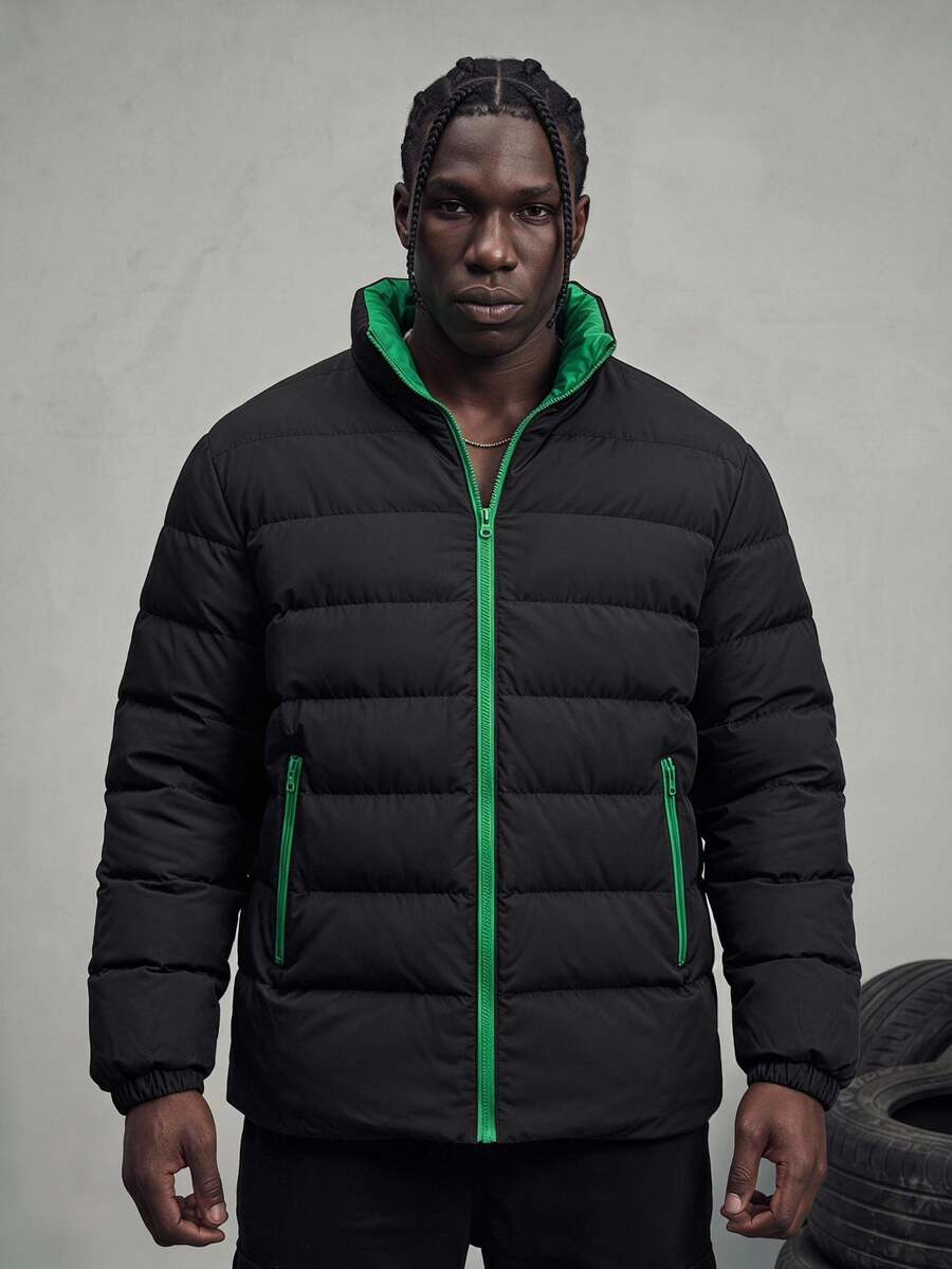 Sport MetroGents Boyfriend Style Men's Plain Long Sleeve Zip-Up Stand Collar Padded Coat, Sports Clothes - Black - View 1