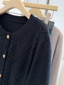 GlowEve CURVE 大尺碼女款鑽石格紋繩飾優雅針織套頭開襟毛衣外套，長袖鈕扣式，秋季辦公正式款，海軍藍 - 寶藍色 - 查看 5