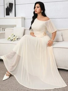 Modelyn 大码女式纯色不对称肩部金属装饰上衣和半裙休闲两件套 - 杏色 - 查看 3