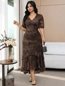 Modelyn Plus Size Fashionable Leopard Print Ruffle Hem Dress, Summer - Multicolor - View 2