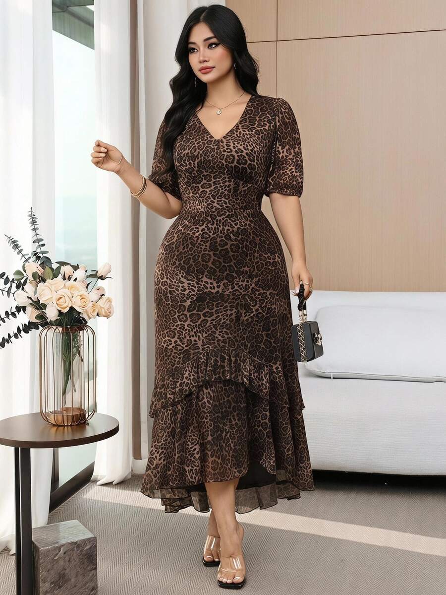 Modelyn Plus Size Fashionable Leopard Print Ruffle Hem Dress, Summer
