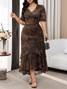 Modelyn Plus Size Fashionable Leopard Print Ruffle Hem Dress, Summer - Multicolor - View 4