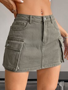 Jeanoix Women's Summer Solid Color Cargo Denim Skirt - Army Green - View 5