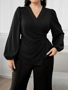 Modelyn Plus Size Women Spring & Autumn Solid Color Lantern Sleeve Pleated Elegant Blouse Fall - Black - View 5