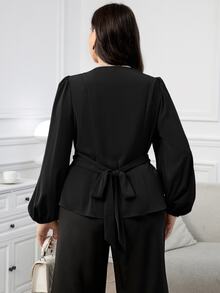 Modelyn Plus Size Women Spring & Autumn Solid Color Lantern Sleeve Pleated Elegant Blouse Fall - Black - View 2