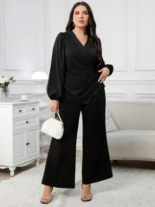 Modelyn Plus Size Women Spring & Autumn Solid Color Lantern Sleeve Pleated Elegant Blouse Fall - Black - View 6