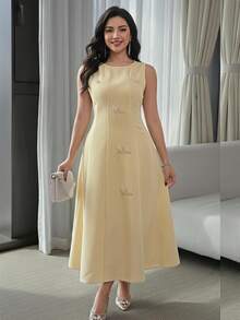 Feyla Plus Size Elegant Beaded & Embroidered Sleeveless Dress For Summer - Pale Yellow - View 2