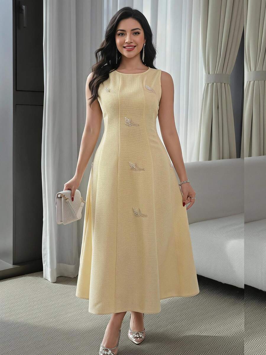 Feyla Plus Size Elegant Beaded & Embroidered Sleeveless Dress For Summer