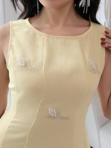 Feyla Plus Size Elegant Beaded & Embroidered Sleeveless Dress For Summer - Pale Yellow - View 7
