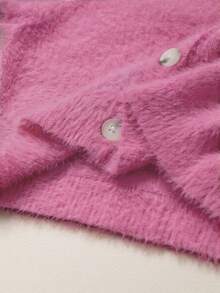SHEIN 女童少女軟綿毛絨針織開襟毛衣，輕量舒適鈕扣前開，絨毛觸感，休閒可愛風，兒童外套，柔粉色 - 玫紅色 - 查看 4