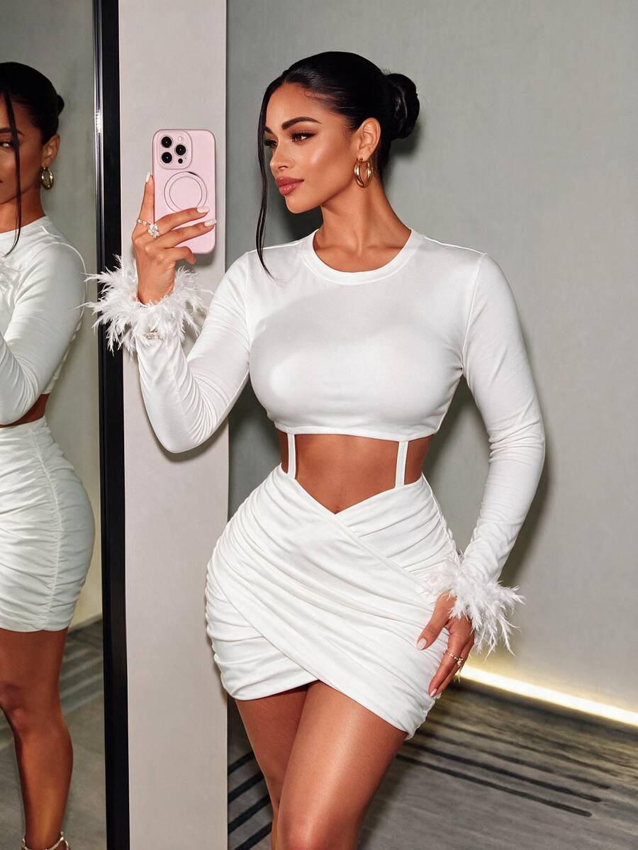 BamGleam Women's Spring/Autumn White Bodycon Mini Dress With Feather Decor And Exposed Sleeve Design, Sexy - White - View 1