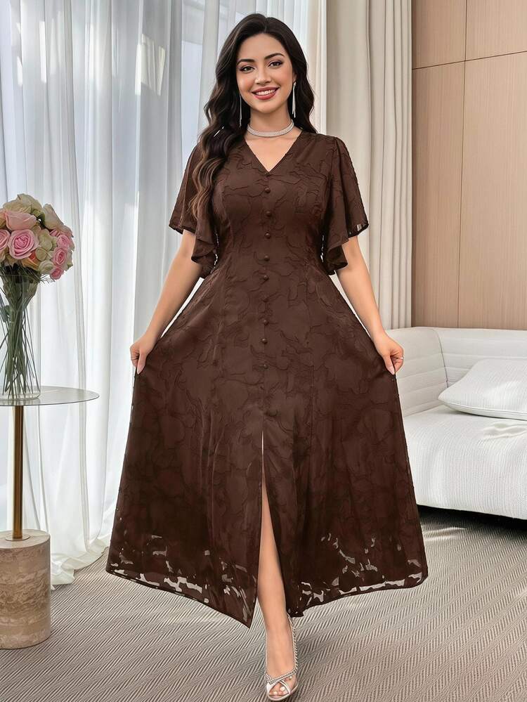 Feyla Plus Size Women Cutout Ruffle Sleeve Elegant Celestial Casual Split Hem Dress Formal Tea Party Birthday Date Night Brown Summer Wedding - Coffee Brown - View 1