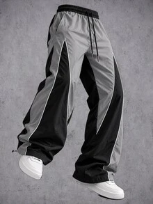 Manfinity Denimwave 男士寬鬆寬腿拼接色運動長褲，抽繩鬆緊腰運動褲，四季休閒街頭時尚長褲，適合日常戶外穿著 - 黑色 - 查看 3